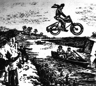 Мотоцикл Пеннингтона. Фантастический рисунок, рекламирующий якобы необычайные возможности, 1894 год.